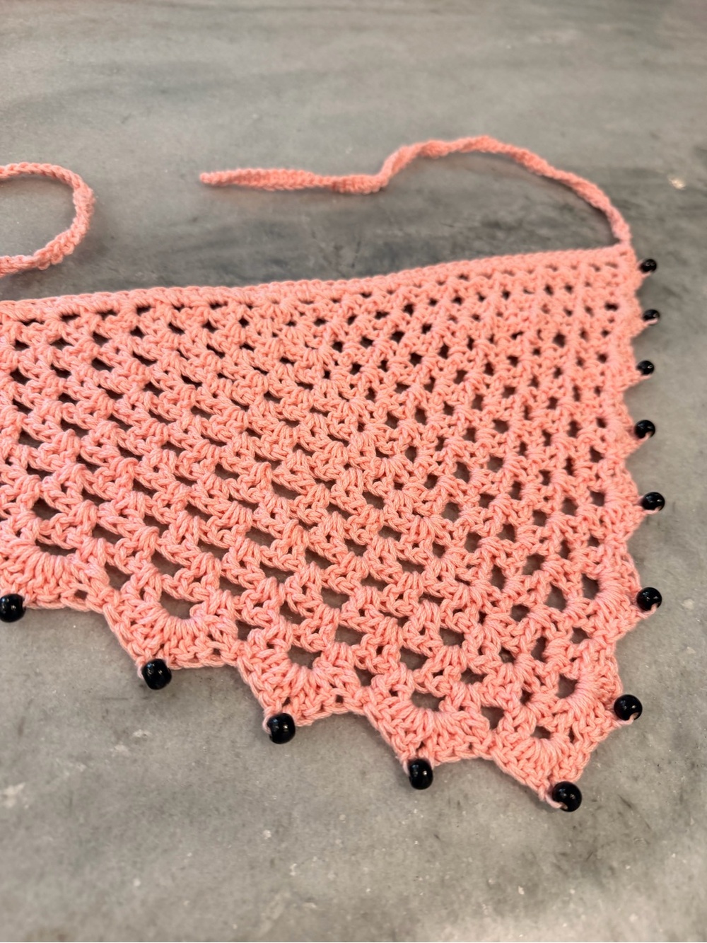 Handmade Crochet Wood Beaded Kerchief Head Scarf Cotton Boho Bandana Cottagecore